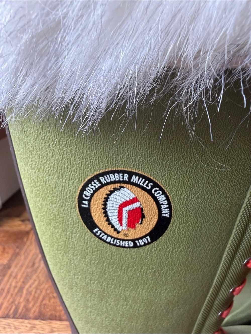 Green Tall Winter Boots with Faux Fur Trim and Red Laces